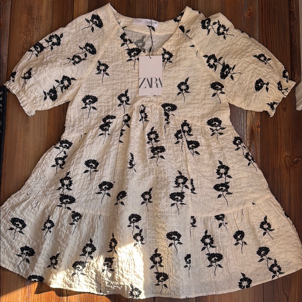 ZARA Cream Dress with Black Floral Design